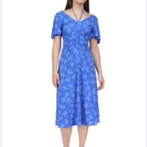 MICHAEL Michael Kors Floral Print Tie Ruched Midi dress grecian blue - PXS